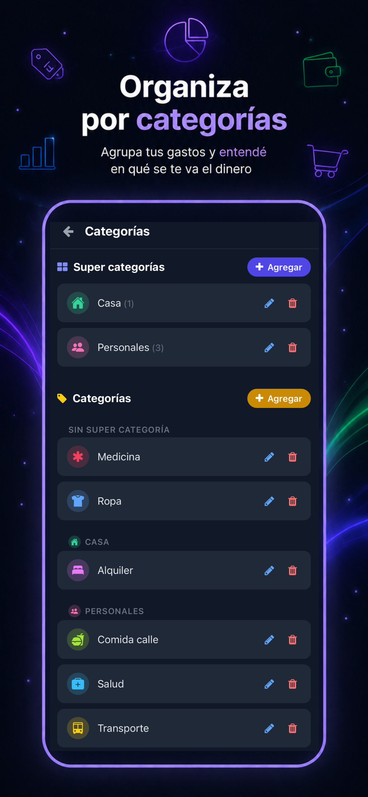 Organización de gastos por categorías y super categorías en Cerdito