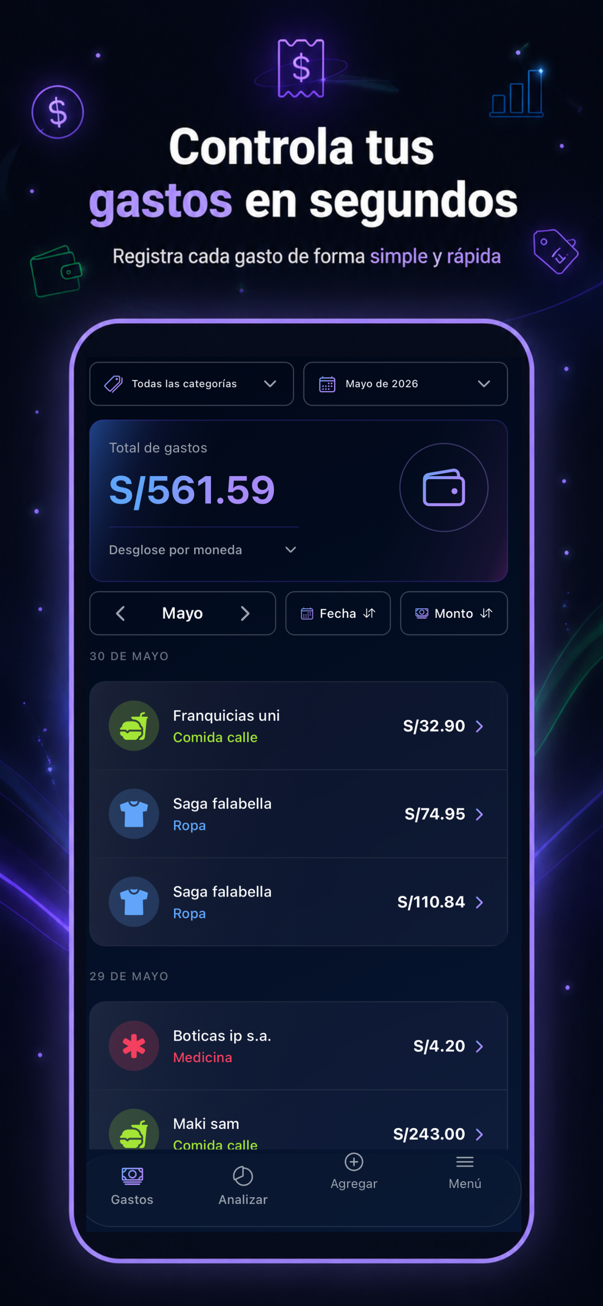Pantalla de gastos de Cerdito con el total del mes y la lista de movimientos