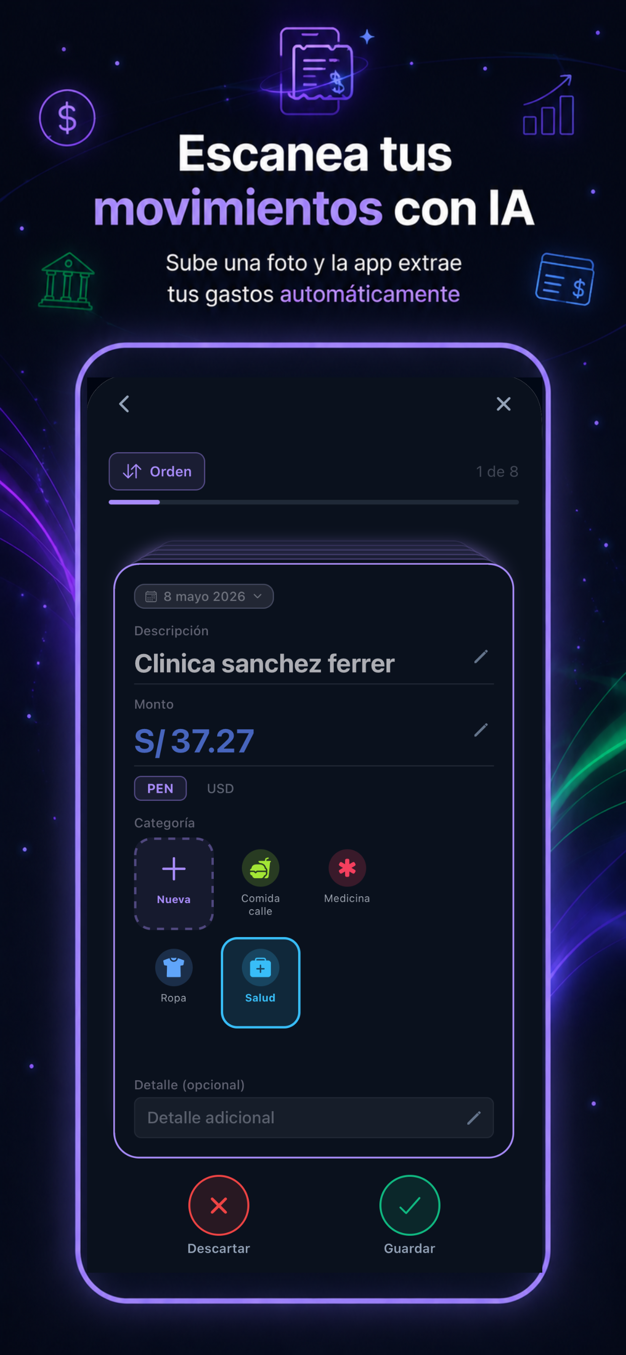 Cerdito escaneando un recibo y extrayendo el gasto automáticamente con IA